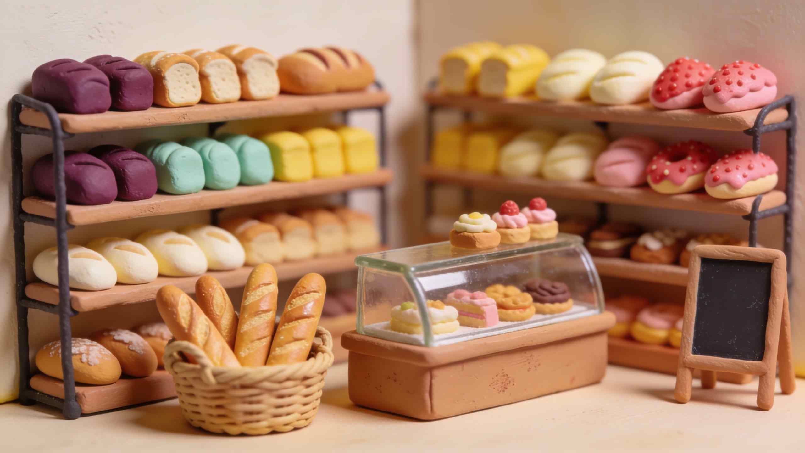 Plasticine bakery shelves full of loaves, baguettes in a basket and a glass counter of pastries