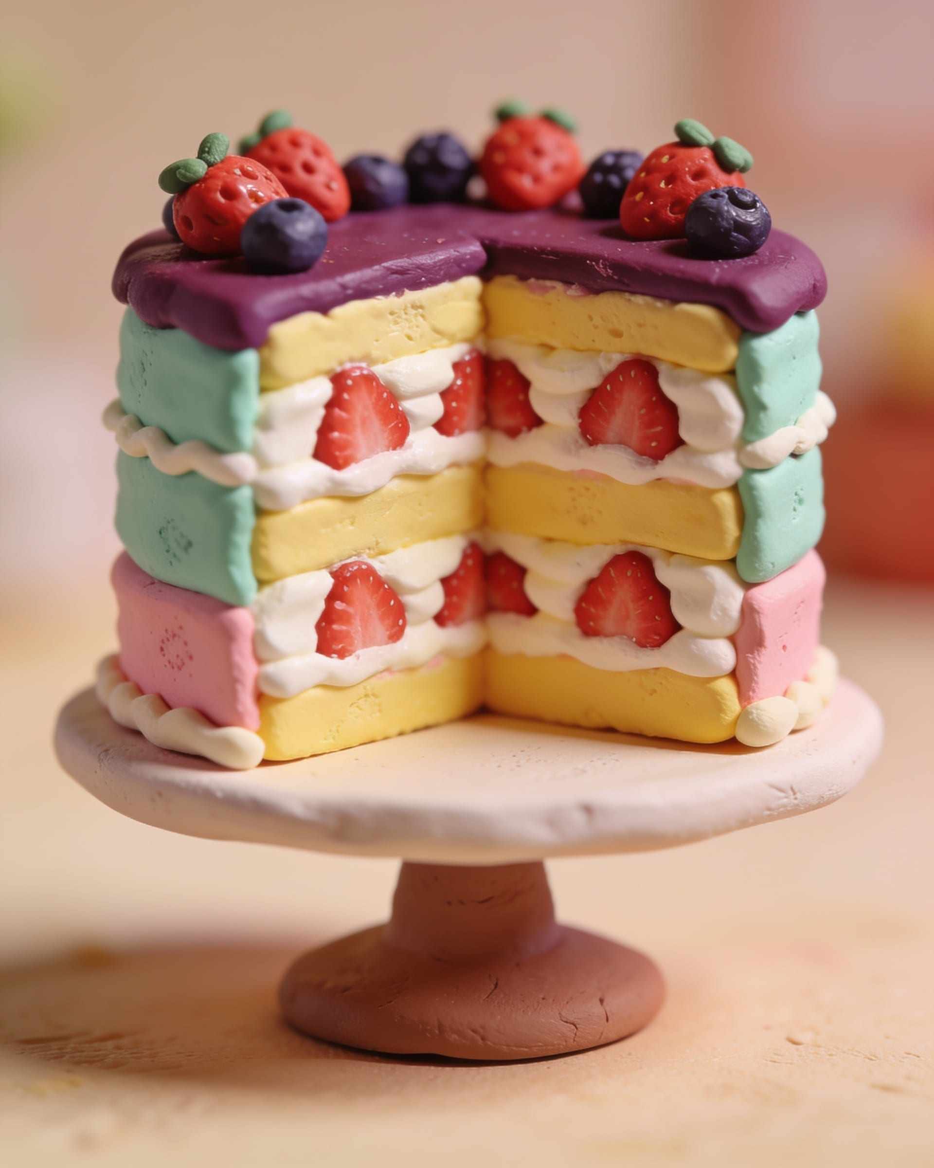 A plasticine strawberry and cream layer cake on a stand, cut to show the layers, berries on top