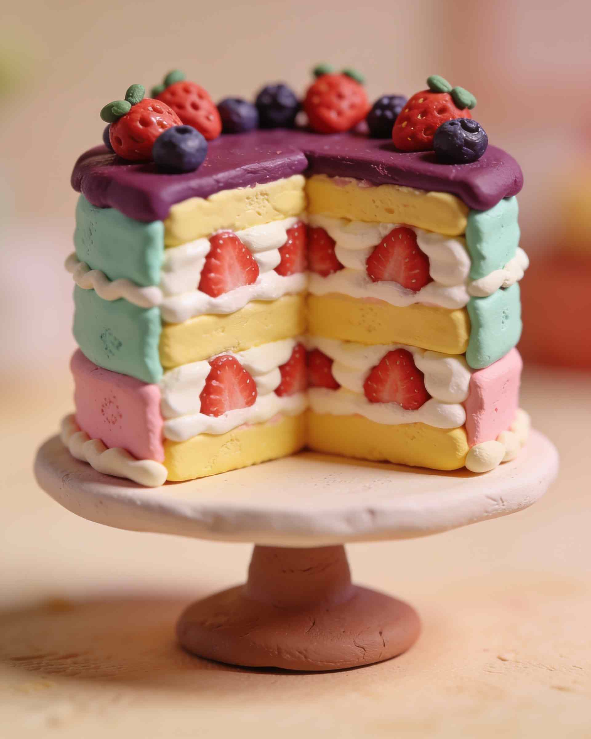A plasticine strawberry and cream layer cake on a stand, cut to show the layers, berries on top