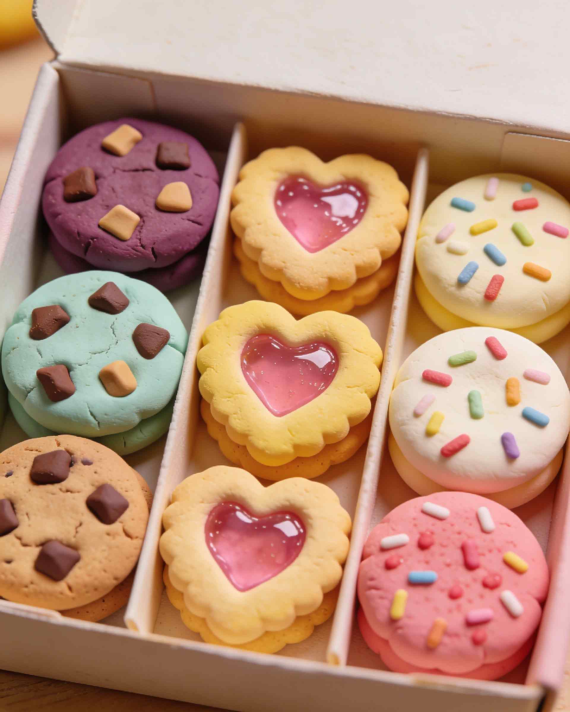 An open box of plasticine cookies: chocolate chip, jam hearts and sprinkle rounds