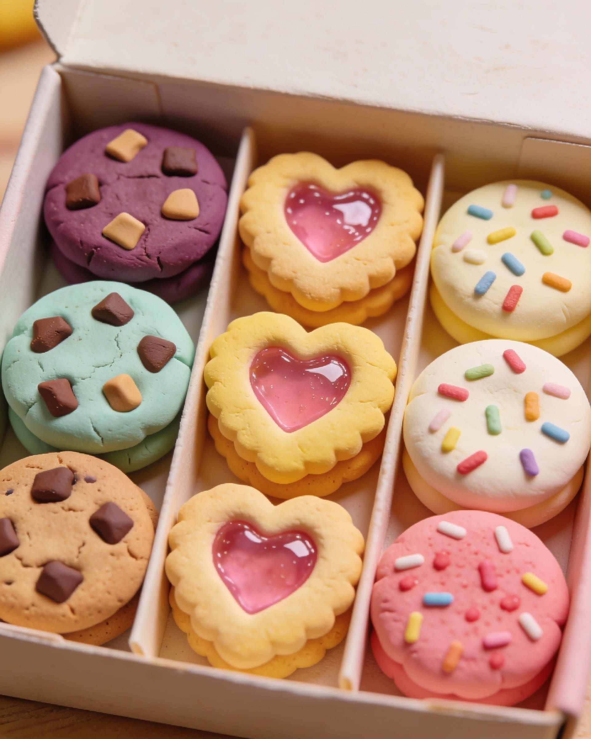 An open box of plasticine cookies: chocolate chip, jam hearts and sprinkle rounds