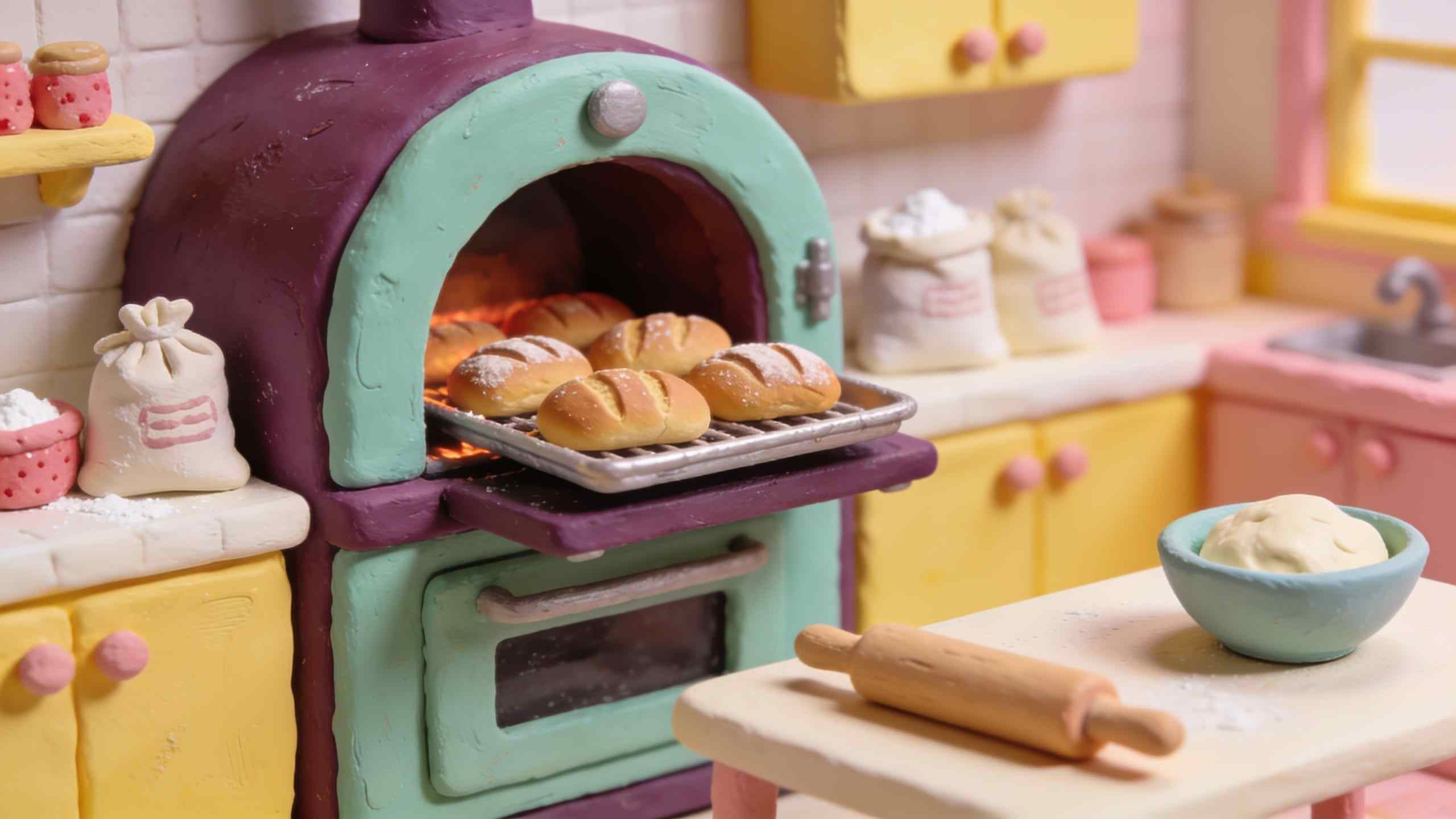 A plasticine bakery kitchen with an oven, a tray of loaves, flour sacks, a rolling pin and a bowl of dough