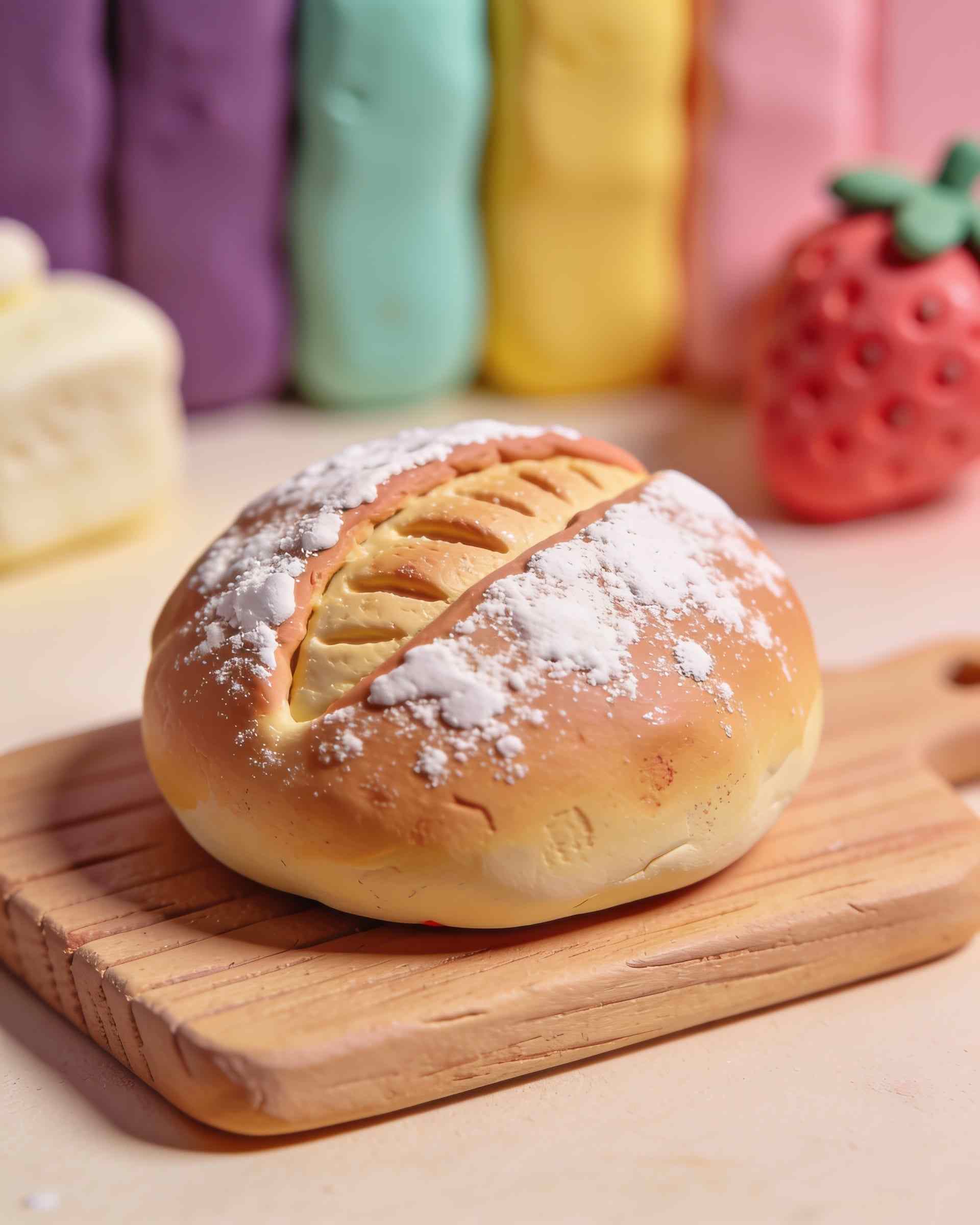 A round plasticine sourdough loaf with a scored ear, dusted with flour, on a wooden board