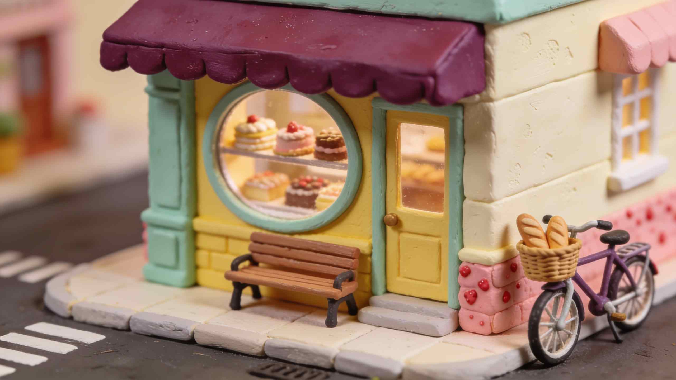 A plasticine corner bakery with a plum scalloped awning, a round window of cakes, a bench and a bicycle with a basket of bread