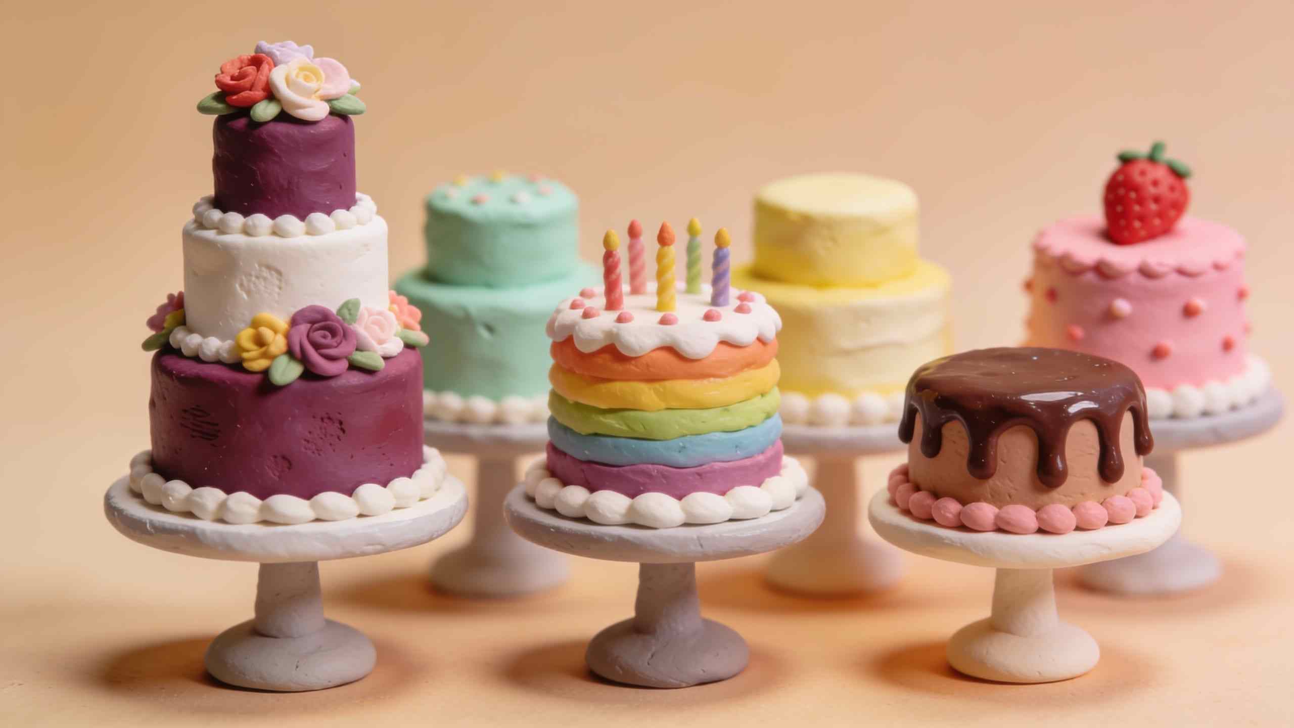 A row of plasticine celebration cakes on stands, a wedding cake with flowers, a rainbow cake and a chocolate drip cake