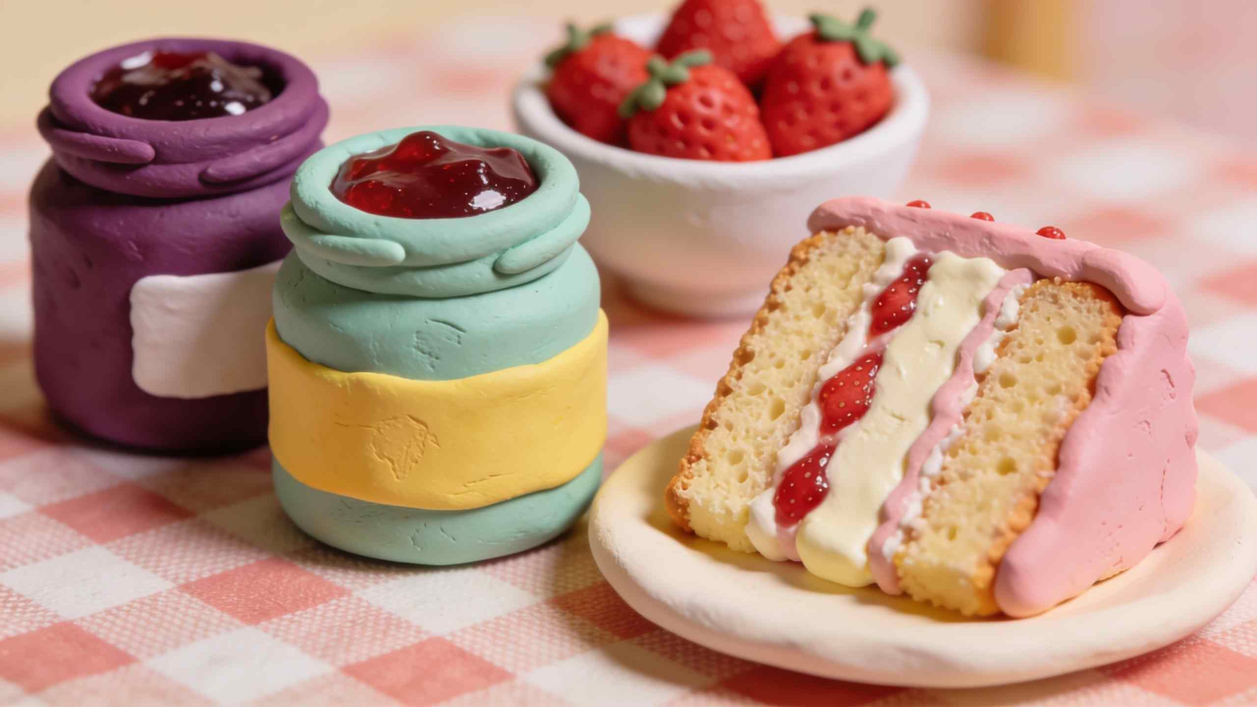 Plasticine jam jars, a bowl of strawberries and a slice of Victoria sponge on a checked tablecloth