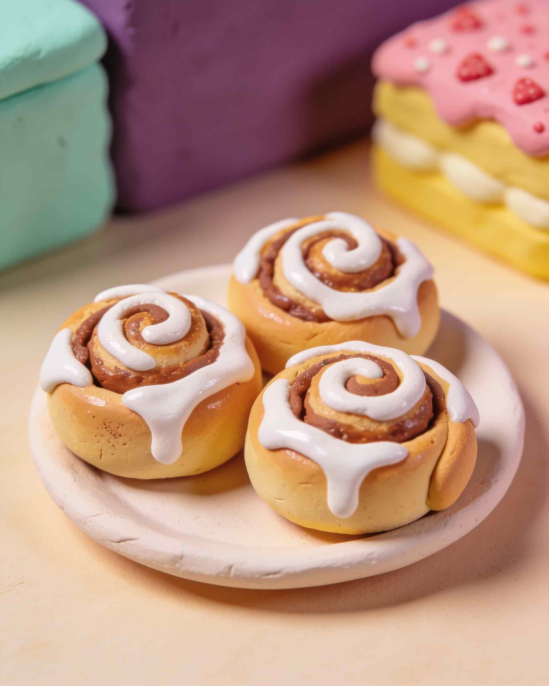 Three plasticine cinnamon buns with swirls and white icing on a small plate