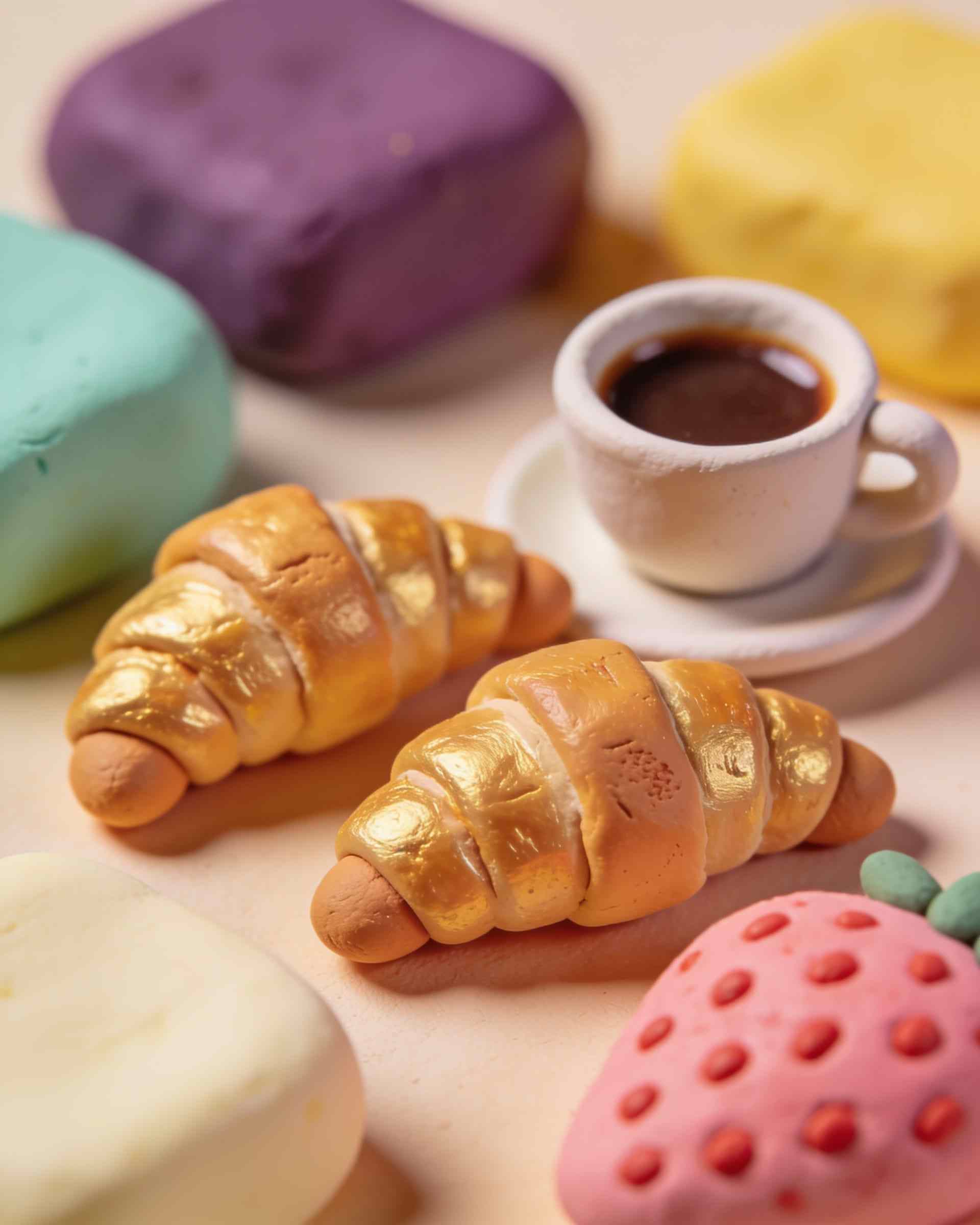 Two golden plasticine croissants beside a cup of coffee