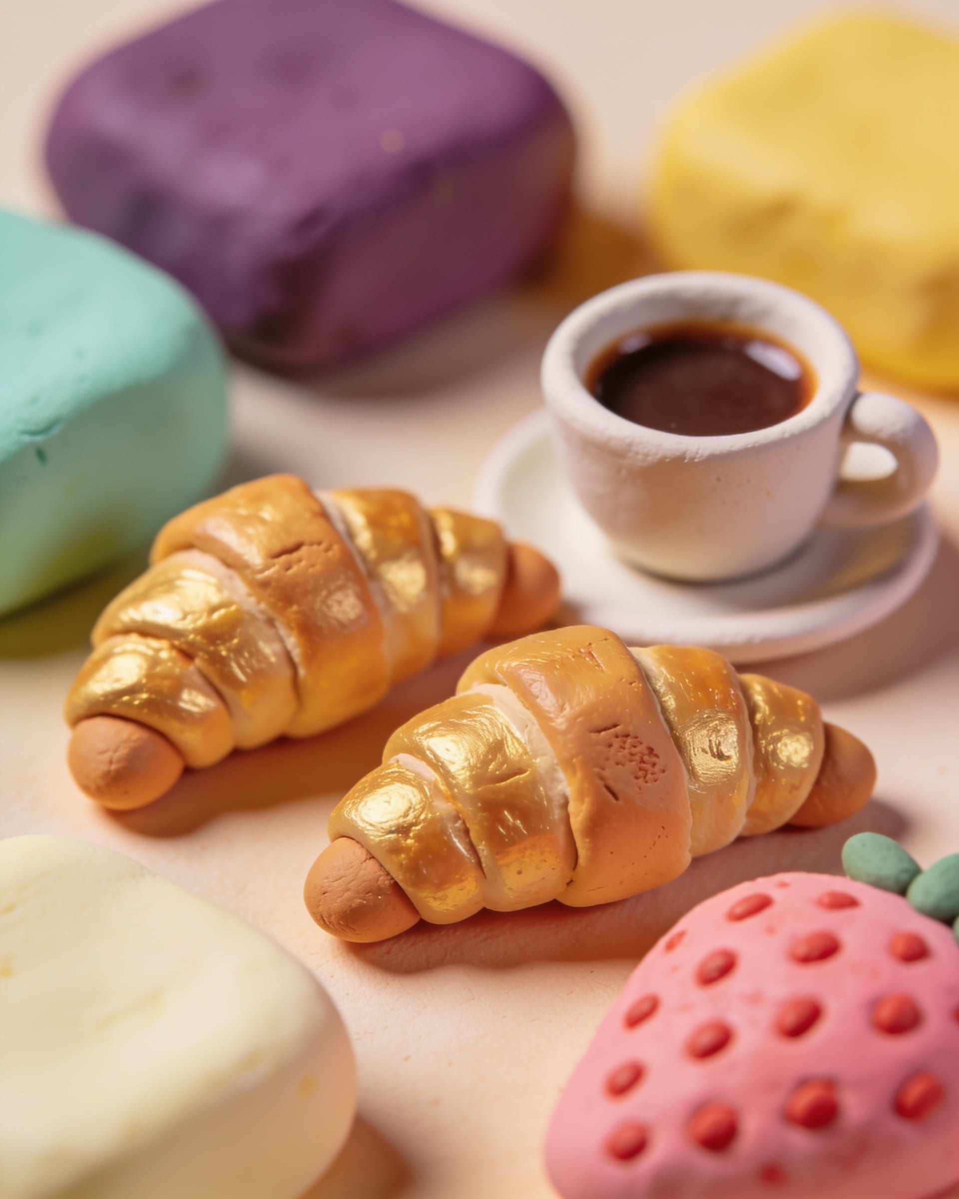 Two golden plasticine croissants beside a cup of coffee
