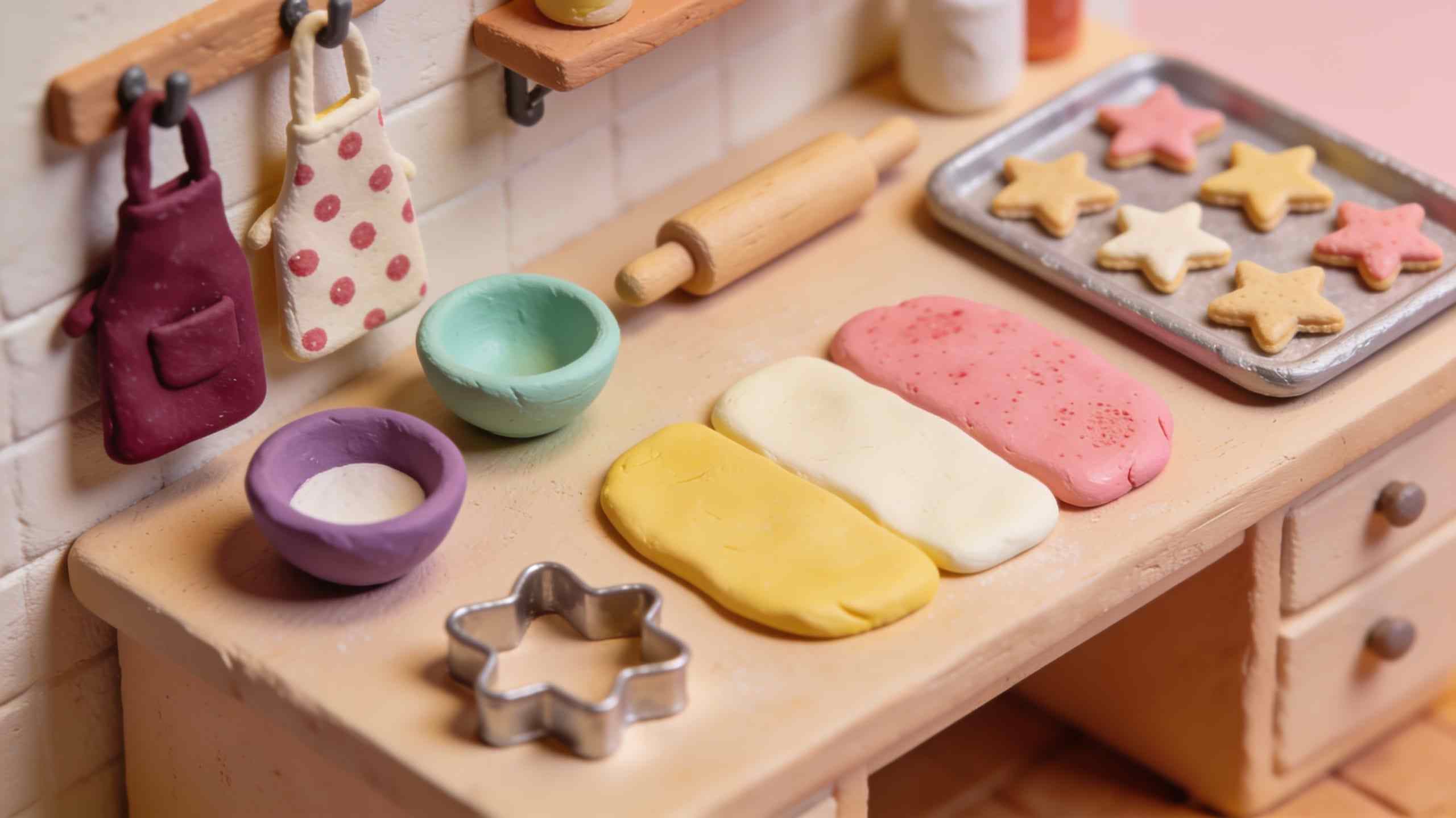 A plasticine baking class table with bowls, rolling pins, star cutters, aprons on hooks and a tray of star biscuits