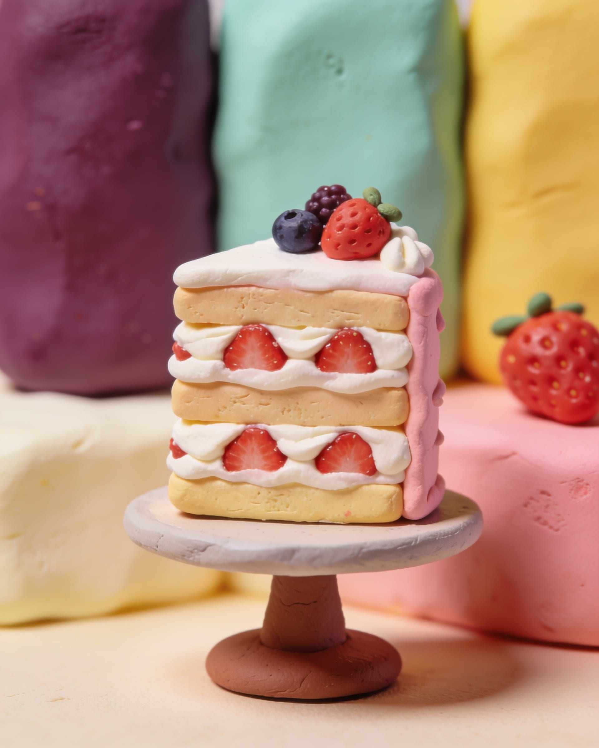 A plasticine layer cake in mint, plum and pink with strawberries, cut to show the layers