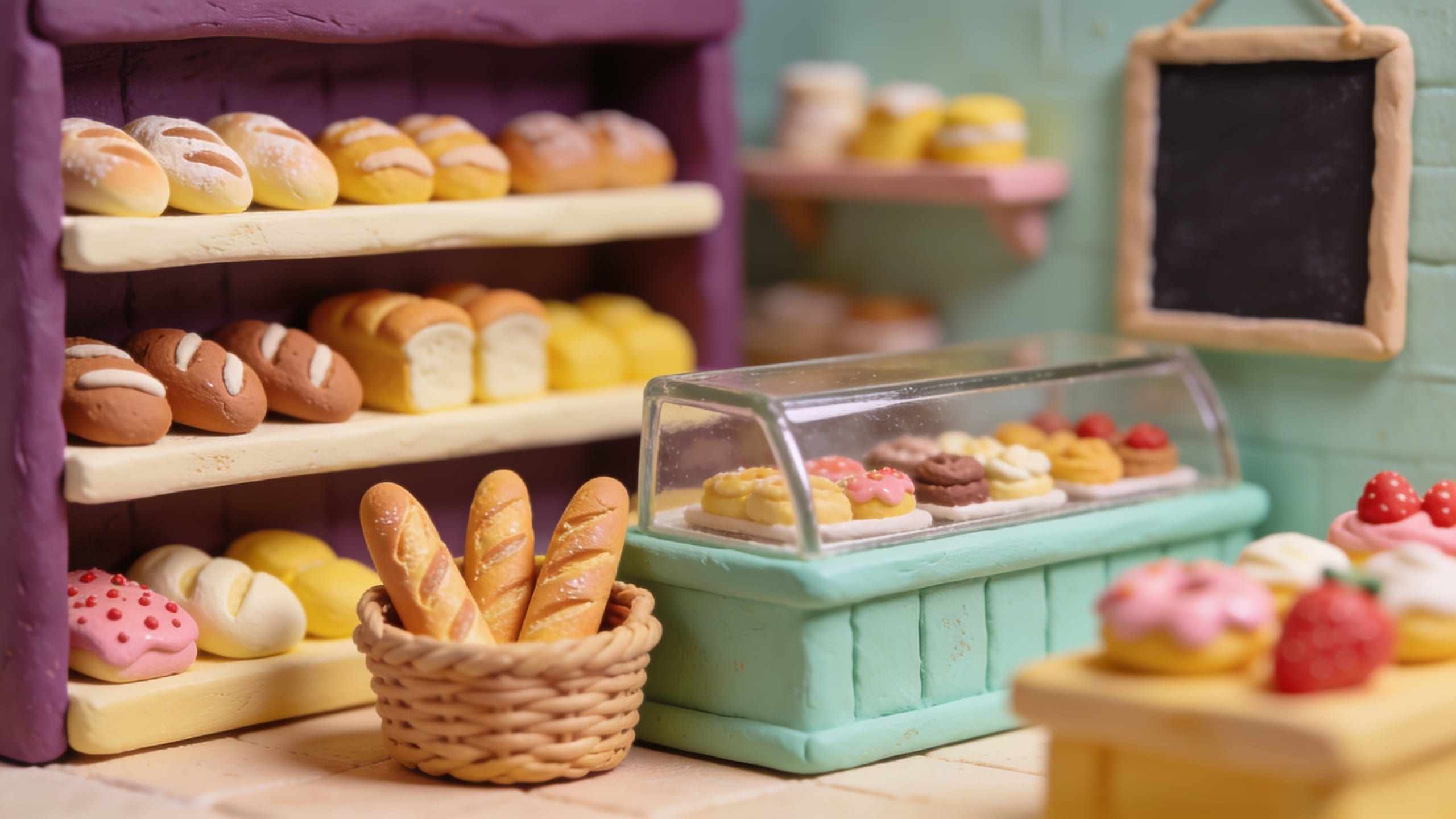 Plasticine bakery shelves of loaves and a glass counter of pastries