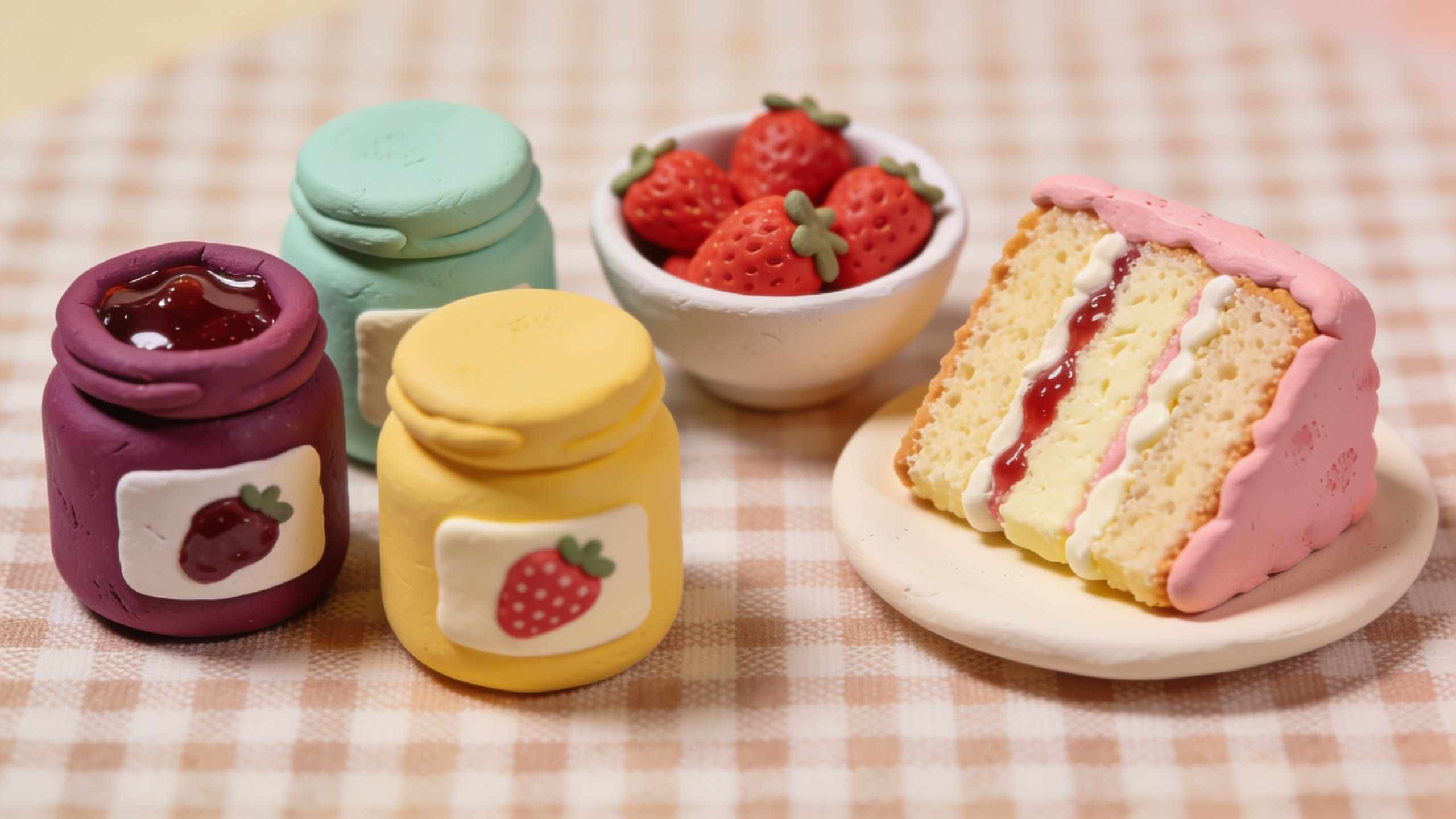 A plasticine slice of Victoria sponge with jam jars and strawberries on a checked cloth